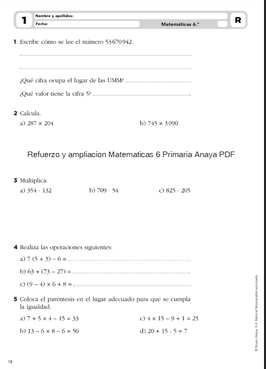 Anaya PDF Matemáticas 6 Primaria Refuerzo y Ampliación, Libro Completo, Material Fotocopiable, Examen y Solucionario